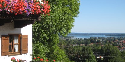 Pensionen - Umgebungsschwerpunkt: See - Kössen - Ausblick von der Hausbank auf den Chiemsee. - Demelhof